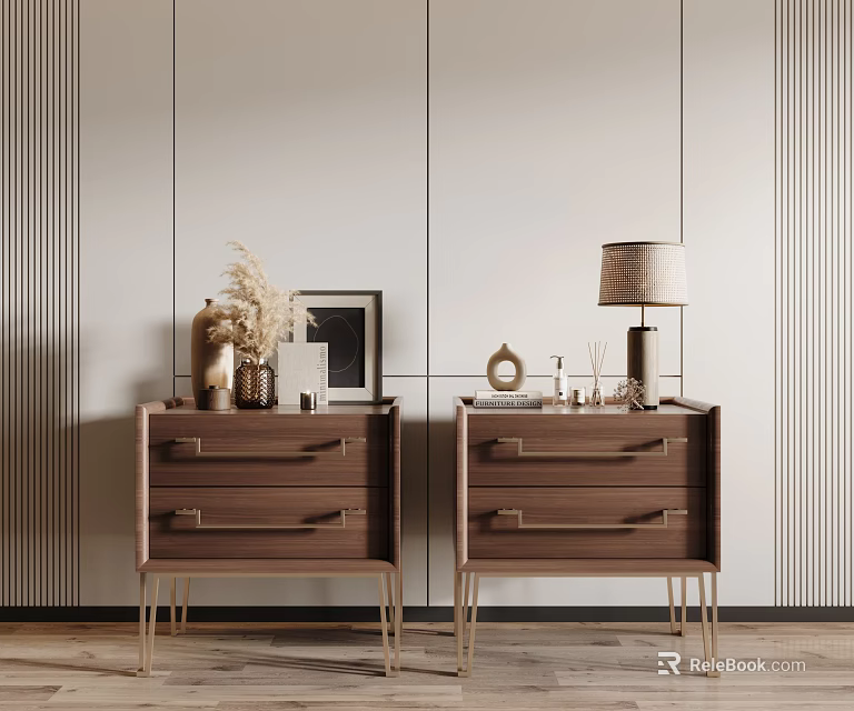 Modern Brown Bedside Tables With Golden Legs Decorative Vase Lamp Photo Frame And Striped Wall 3d model 