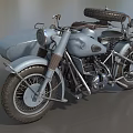 Vintage Motorcycle with Light Blue Sidecar Brown Seats and Spare Tire on Roof