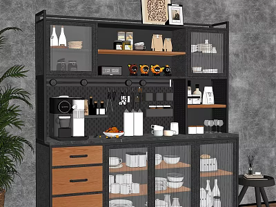 Modern Black And Wooden Sideboard With Drawers Shelves Dishes Coffee Gear And Decorative Items 3d model