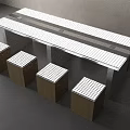 Table and Stool Set with Long White Grid Top Concrete Frame and Four Wooden Stools