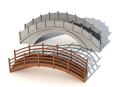 Stone and Wooden Arch Bridges with Classic Railings and Curved Architectural Design 3d model
