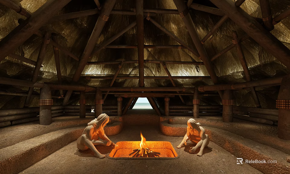 Ancient Traditional Building Interior With Thatch Roof Wooden Beams Fire Pit And Two Figures 3d model 