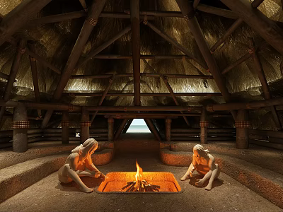 Ancient Traditional Building Interior With Thatch Roof Wooden Beams Fire Pit And Two Figures 3d model