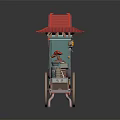 Traditional Green Mobile Vendor Cart With Red Canopy And Wooden Spoked Wheels