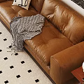 Modern Brown Leather Sofa and Coffee Table Set With Pillows Throw Blanket and Decorative Painting