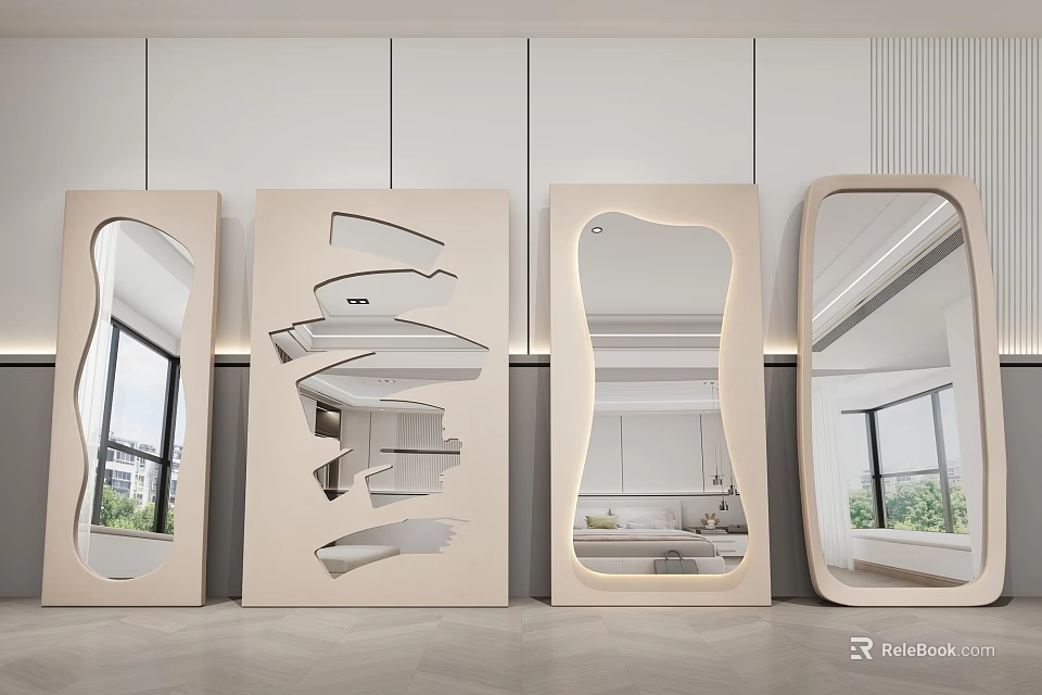 Four Unique Designed Mirrors With Geometric And Irregular Shapes In Modern Interior 3d model 