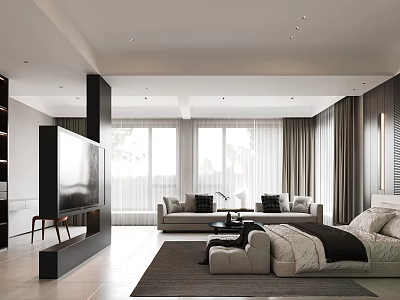 Modern Bedroom Interior With Large Bed Sofa TV And Floor to Ceiling Curtains 3d model