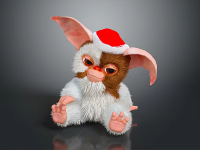 Kids Adorable Fluffy Plush Toy With Big Ears And Red Christmas Hat 3d model