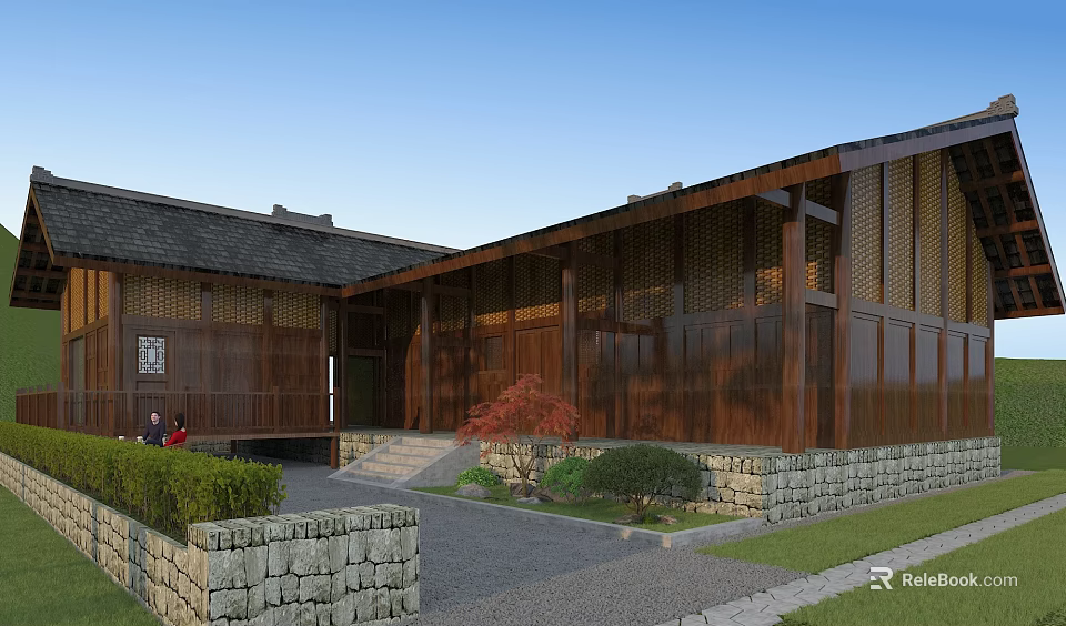 Traditional Wooden House Exterior With Black Roof Lattice Siding And Stone Wall Garden 3d model 