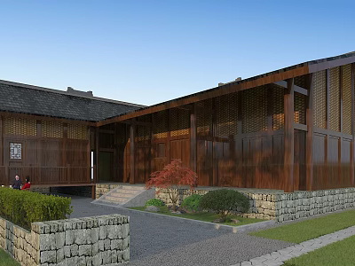 Traditional Wooden House Exterior With Black Roof Lattice Siding And Stone Wall Garden 3d model