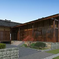 Traditional Wooden House Exterior With Black Roof Lattice Siding And Stone Wall Garden