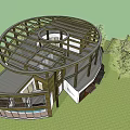 Modern Detached Villa With Circular Wooden Roof Surrounded by Trees Stone Walls and Grass