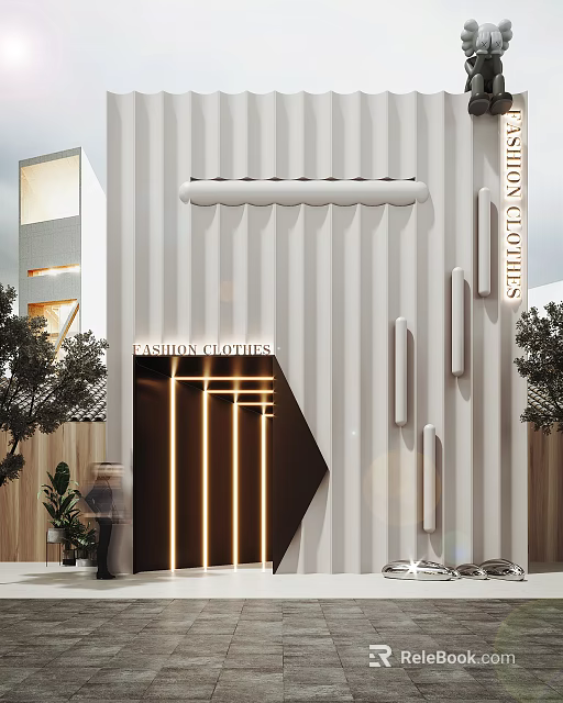 Fashion Clothes Storefront With Modern Striped Wall Elegant Lighting And Entrance Design 3d model 