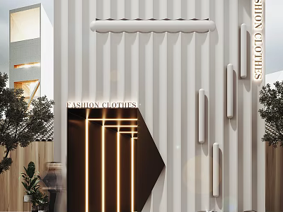 Fashion Clothes Storefront With Modern Striped Wall Elegant Lighting And Entrance Design 3d model