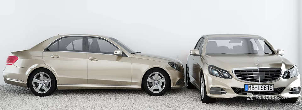 Two Beige And Silver Sedans Parked Front Facing Each Other On Pebble Ground 3d model 