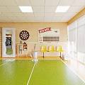 Casual Recreation Room Interior With Green Floor Dartboard Scoreboard Lockers And Yellow Chairs