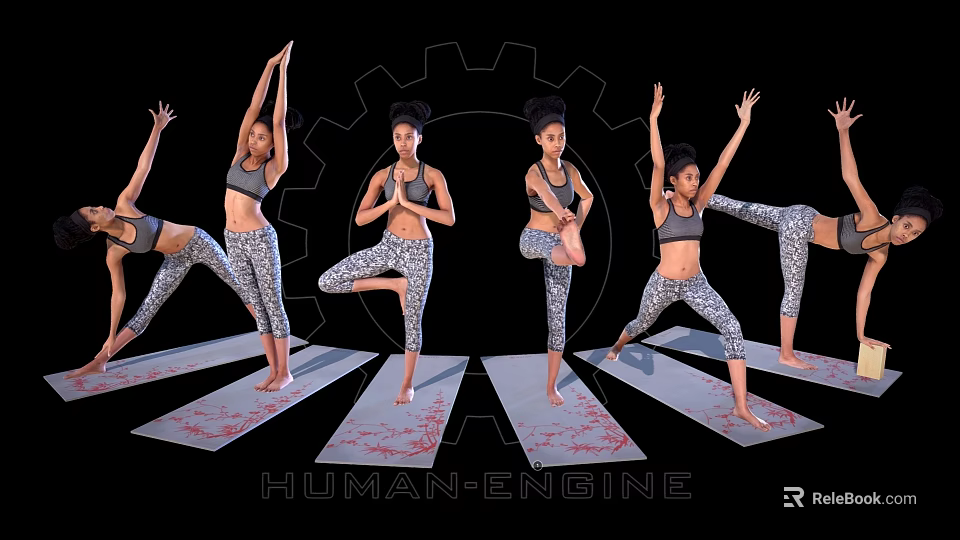 Woman Practicing Various Yoga Poses On Mats With Gear Background Design 3d model 