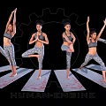 Woman Practicing Various Yoga Poses On Mats With Gear Background Design