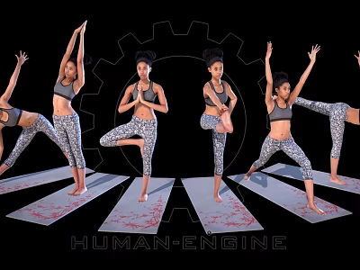 Woman Practicing Various Yoga Poses On Mats With Gear Background Design 3d model