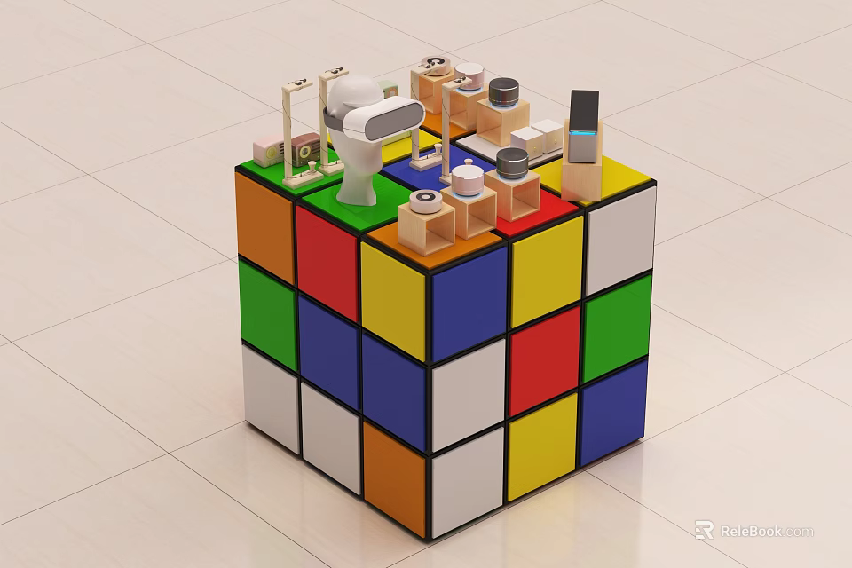 Colorful Cube Shaped Display Shelf With Small Decorative Models And Items 3d model 