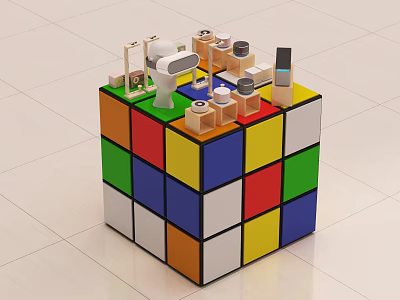 Colorful Cube Shaped Display Shelf With Small Decorative Models And Items 3d model