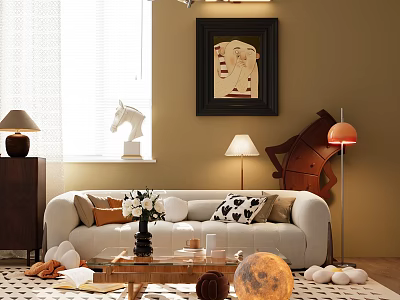 Cozy Light Colored Large Sofa With Decorative Pillows Coffee Table And Wall Art 3d model