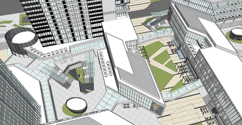 Modern Commercial Complex With Open Plaza Green Spaces And Connecting Walkways 3d model 