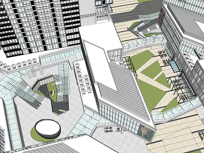 Modern Commercial Complex With Open Plaza Green Spaces And Connecting Walkways 3d model
