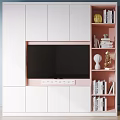 Modern TV Cabinet with White Pink Teal Design Open Shelves Books and Decorative Sculptures