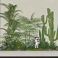 Garden Decorative Setup With Various Green Plants Palm Cactus And Small Statue In White Planter