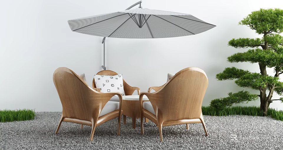 Outdoor Wicker Table And Chair Set With Umbrella On Gravel Ground Near Small Tree 3d model 