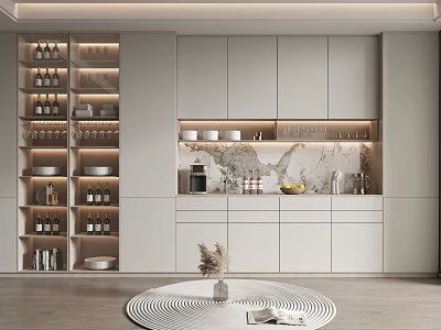 Modern Wine Cabinet With LED Lighting Glass Shelves And Wooden Storage Design 3d model