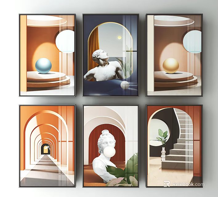 Decorative Wall Art Collection With Statue Arches Spheres Staircase And Plant Elements 3d model 