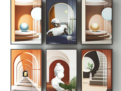 Decorative Wall Art Collection With Statue Arches Spheres Staircase And Plant Elements 3d model