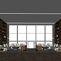 Modern Leisure Lounge Interior With Large Windows Bookshelves And Comfortable Seating