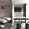 Warm Minimalist Modern Living And Dining Room With Plush Sofa And Marble Coffee Tables