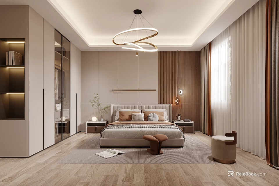 Modern Bedroom Interior Design With Beige Bed Wooden Accents Carpet And Pendant Light 3d model 