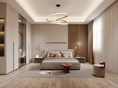 Modern Bedroom Interior Design With Beige Bed Wooden Accents Carpet And Pendant Light 3d model