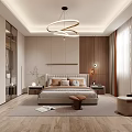 Modern Bedroom Interior Design With Beige Bed Wooden Accents Carpet And Pendant Light