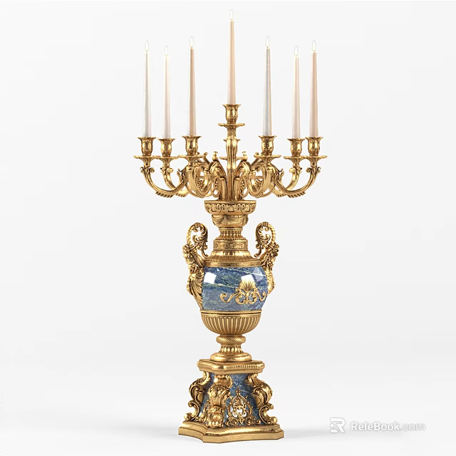 Decorative Classical Gold Blue Candelabra Featuring Intricate Patterns And Multiple Candle Arms 3d model 