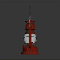 Vintage Red Kerosene Lamp With Metal Frame And Glass Shade On Dark Background