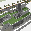 Modern Multi Story Building With Gray Exterior Green Roof Entrance Area And Surrounding Trees