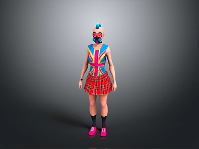 Kids Colorful Outfit With Rainbow Pattern T Shirt Red Plaid Skirt and Pink Shoes 3d model