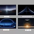 Futuristic Sci Fi Scenes With Light Beams Circular Rings And Planets