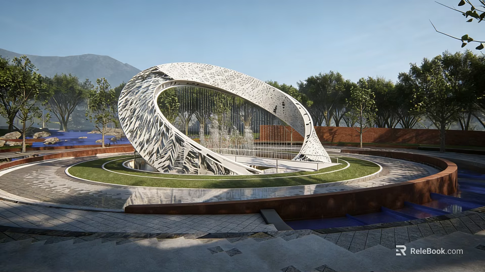 Curved Intricate Textured Landscape Sculpture With Circular Green Lawn Water Feature And Mountain Backdrop 3d model 