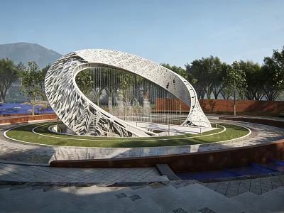 Curved Intricate Textured Landscape Sculpture With Circular Green Lawn Water Feature And Mountain Backdrop 3d model