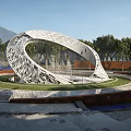 Curved Intricate Textured Landscape Sculpture With Circular Green Lawn Water Feature And Mountain Backdrop
