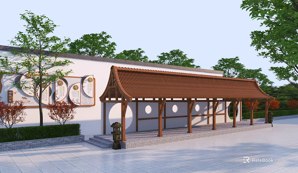 Traditional Wooden Pergola Featuring Brown Roof White Wall Circular Decorations And Trees 3d model 