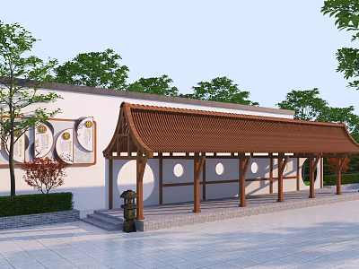 Traditional Wooden Pergola Featuring Brown Roof White Wall Circular Decorations And Trees 3d model