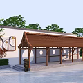 Traditional Wooden Pergola Featuring Brown Roof White Wall Circular Decorations And Trees